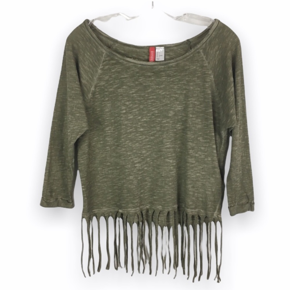 Divided‎ Womens Size 4 Small Distressed Fringe Heathered Green Crop Top Shirt